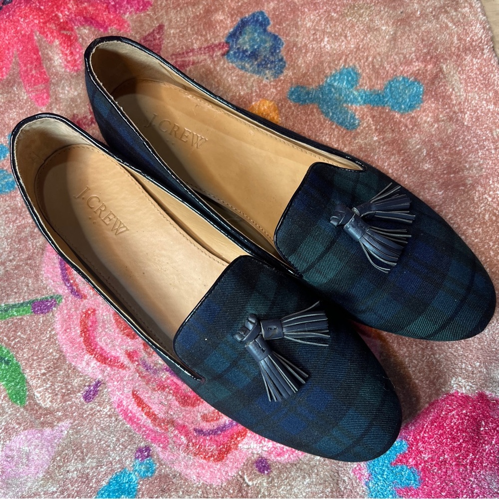 VINTAGE JCREW SMOKING SLIPPER NAVY PLAID WITH TASSLE - SIZE 10